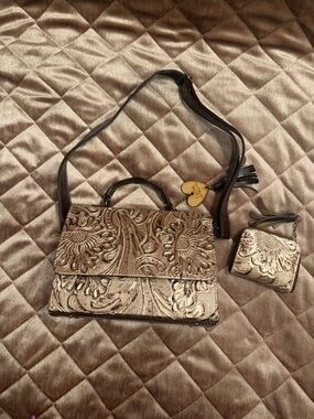 I Love Artesanal Brown Floral Embossed Satchel with Detachable Strap & Charm
